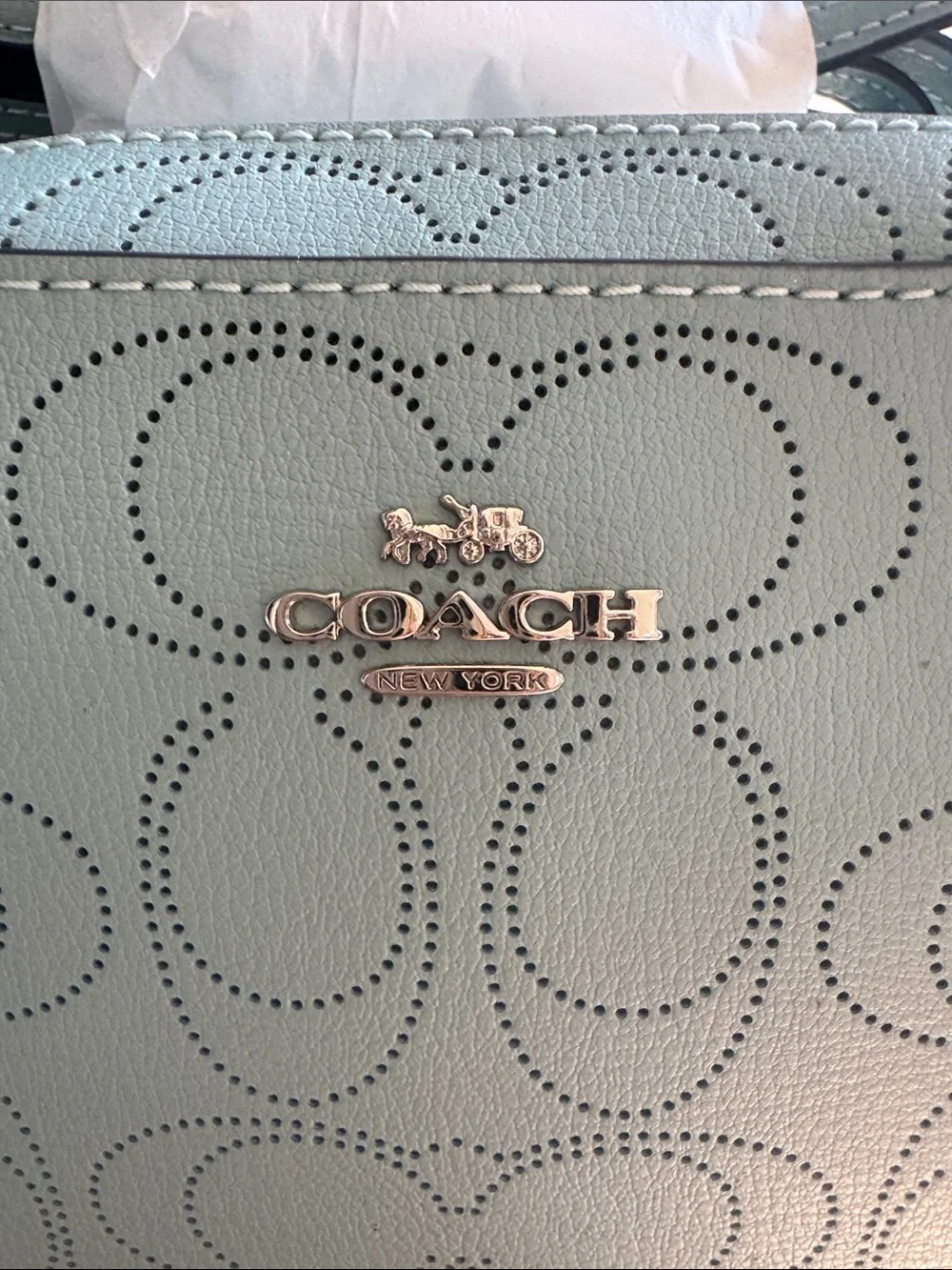 Coach Women's Robins Egg Blue Perforated Camera Crossbody Bag